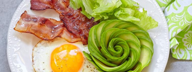 A plate of food with bacon, eggs and avocado.