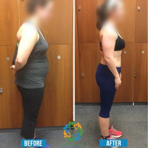 A before and after picture of a woman 's weight loss.