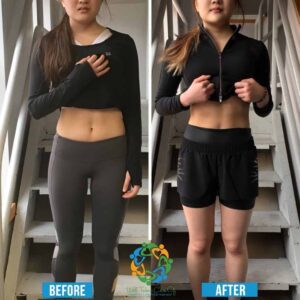 A before and after picture of a woman in gym clothes.