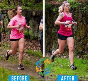 A before and after photo of a woman running.