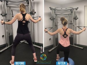 A before and after picture of a woman doing squats.