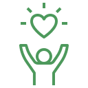 A green heart and hands icon on a black background