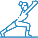 A blue line drawing of a person doing yoga.
